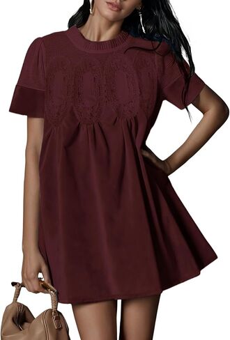 Athlisan Womens Faux Suede Mini Dress Lace Patchwork Short Sleeve Crew Neck A Line Babydoll Dress with Pockets in Saudi Arabia