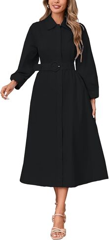 Women Button Down Shirt Dress 3/4 Sleeve V Neck Collared Midi Dress Belted A Line Shirtdress with Pockets in Saudi Arabia