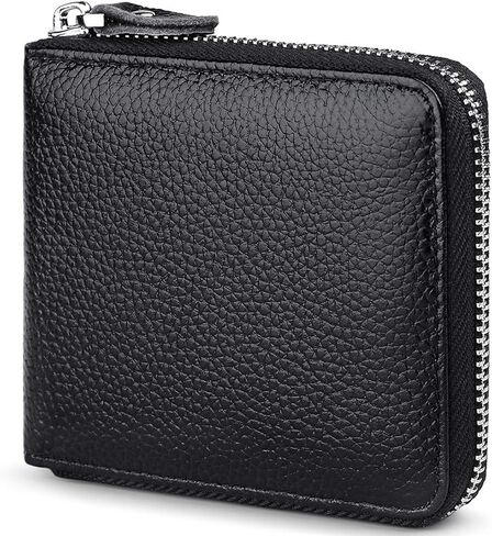 Men's RFID Blocking Bifold Wallet Genuine Leather Zipper Design Credit Card Holder Compact & Secure (Black) in Saudi Arabia