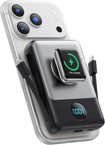 Magnetic Portable Charger 10800mAh with Built-in Cables, 6-in-1 Wireless Power Bank with iWatch Charger, 20W PD Fast Charging USB C Battery Pack for iPhone 16/15/14/13/12, Apple Watch(Blue) in Saudi Arabia