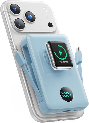 Magnetic Portable Charger 10800mAh with Built-in Cables, 6-in-1 Wireless Power Bank with iWatch Charger, 20W PD Fast Charging USB C Battery Pack for iPhone 16/15/14/13/12, Apple Watch(Blue) in Saudi Arabia