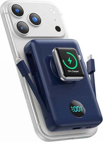 Magnetic Portable Charger 10800mAh with Built-in Cables, 6-in-1 Wireless Power Bank with iWatch Charger, 20W PD Fast Charging USB C Battery Pack for iPhone 16/15/14/13/12, Apple Watch(Blue) in Kuwait