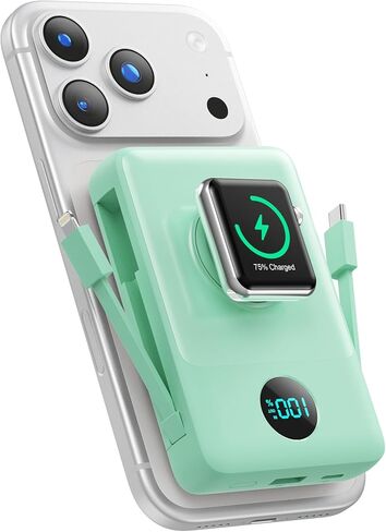 Magnetic Portable Charger 10800mAh with Built-in Cables, 6-in-1 Wireless Power Bank with iWatch Charger, 20W PD Fast Charging USB C Battery Pack for iPhone 16/15/14/13/12, Apple Watch(Blue) in Saudi Arabia