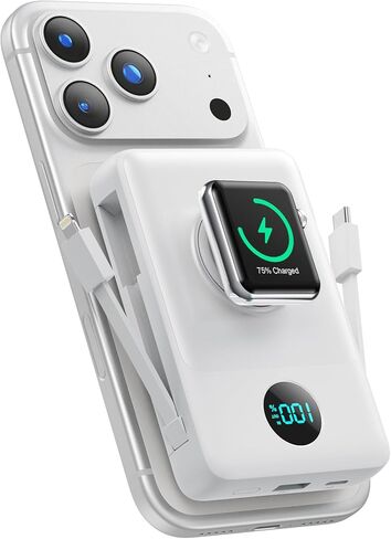 Magnetic Portable Charger 10800mAh with Built-in Cables, 6-in-1 Wireless Power Bank with iWatch Charger, 20W PD Fast Charging USB C Battery Pack for iPhone 16/15/14/13/12, Apple Watch(Blue) in Saudi Arabia