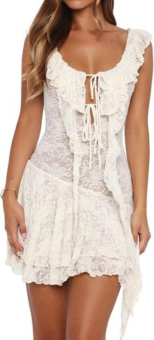 Women's Lace Mini Dress Off White Sleeveless Scoop Neck Ruffle Asymmetrical Bow Summer Dress in Saudi Arabia