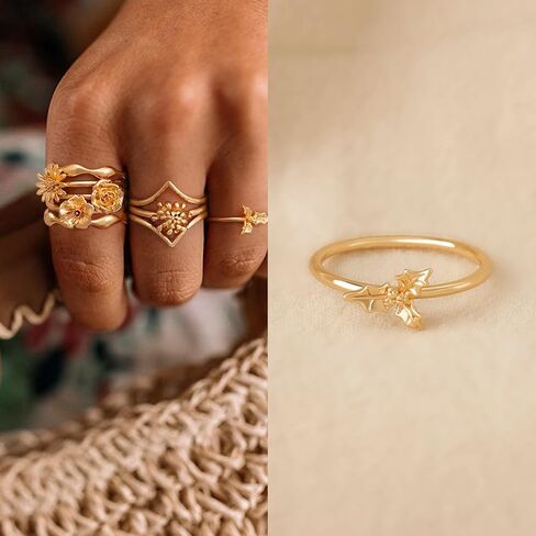 Women 14K Gold Birth Flower Rings 12 Months Thin Band Simple Stack Finger Jewelry in 3 Size in Saudi Arabia