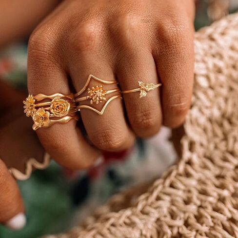 Women 14K Gold Birth Flower Rings 12 Months Thin Band Simple Stack Finger Jewelry in 3 Size in Saudi Arabia