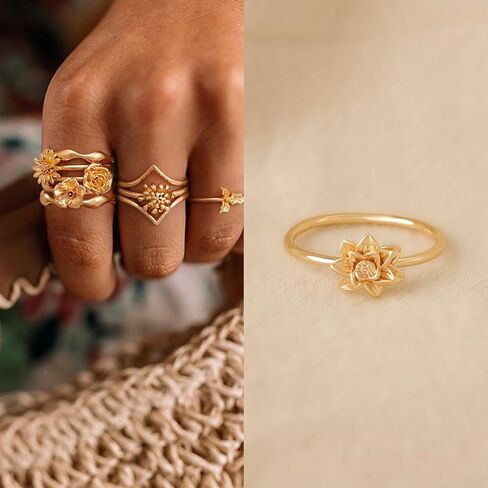 Women 14K Gold Birth Flower Rings 12 Months Thin Band Simple Stack Finger Jewelry in 3 Size in Saudi Arabia