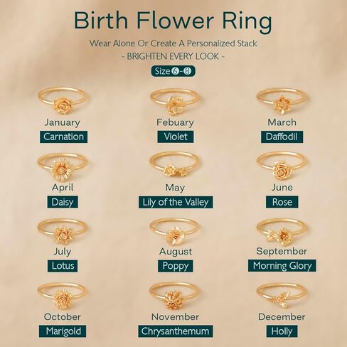 Women 14K Gold Birth Flower Rings 12 Months Thin Band Simple Stack Finger Jewelry in 3 Size in Saudi Arabia