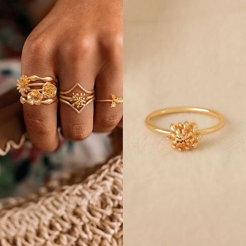 Women 14K Gold Birth Flower Rings 12 Months Thin Band Simple Stack Finger Jewelry in 3 Size in Saudi Arabia