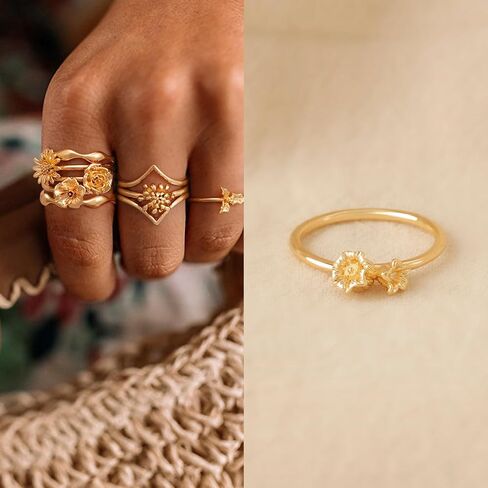 Women 14K Gold Birth Flower Rings 12 Months Thin Band Simple Stack Finger Jewelry in 3 Size in Saudi Arabia