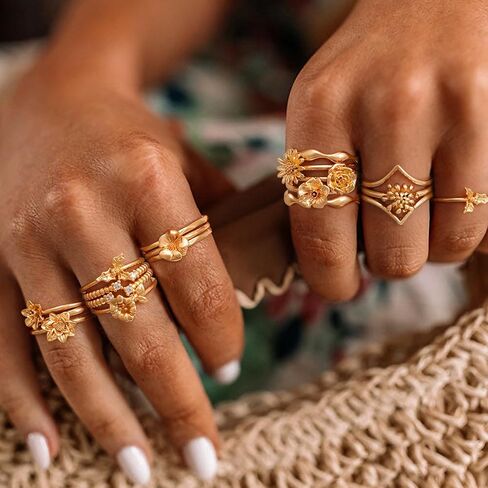 Women 14K Gold Birth Flower Rings 12 Months Thin Band Simple Stack Finger Jewelry in 3 Size in Saudi Arabia