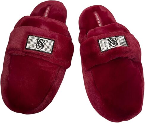 Victoria's Secret Luxe Plush Slide Slippers Maroon Faux Fur with Rhinestone VS Patch New in Saudi Arabia