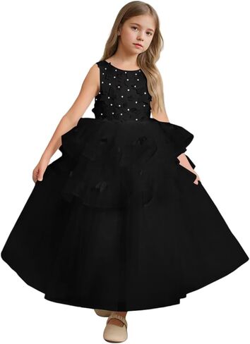 Pearls Flower Girl Dress for Wedding Tulle Tiered Bow Knot Butterfly Satin Sleeveless V-Back Puffy Ball Gowns in Kuwait