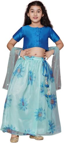 ملابس AJ DEZINES للأطفال الهندية العرقية من مزيج الحرير الأورجانزا المطبوع بالزهور من Lehenga Choli للفتيات in Kuwait