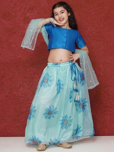 ملابس AJ DEZINES للأطفال الهندية العرقية من مزيج الحرير الأورجانزا المطبوع بالزهور من Lehenga Choli للفتيات in Kuwait