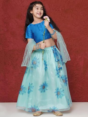 ملابس AJ DEZINES للأطفال الهندية العرقية من مزيج الحرير الأورجانزا المطبوع بالزهور من Lehenga Choli للفتيات in Kuwait