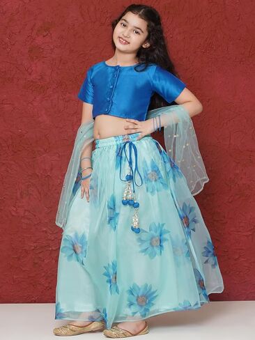 ملابس AJ DEZINES للأطفال الهندية العرقية من مزيج الحرير الأورجانزا المطبوع بالزهور من Lehenga Choli للفتيات in Kuwait
