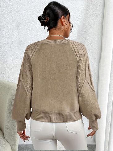 Women Chunky Knit Sweater with Lantern Sleeves, Cozy Fall and Winter Pullover Sweater, Casual Knit Sweater Comfortable in Saudi Arabia