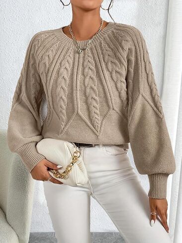 Women Chunky Knit Sweater with Lantern Sleeves, Cozy Fall and Winter Pullover Sweater, Casual Knit Sweater Comfortable in Saudi Arabia