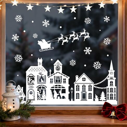 Mfault Christmas White House Window Clings, Xmas Santa Claus Reindeer Snowflake Stickers Decals Decorations, Snowy Winter Holiday Sleigh Home Kitchen Decor in Saudi Arabia