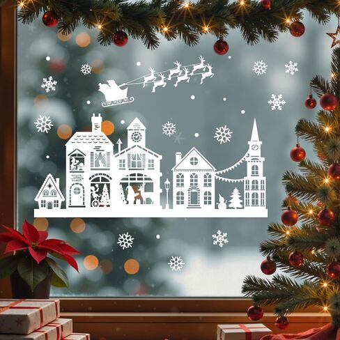 Mfault Christmas White House Window Clings, Xmas Santa Claus Reindeer Snowflake Stickers Decals Decorations, Snowy Winter Holiday Sleigh Home Kitchen Decor in Saudi Arabia