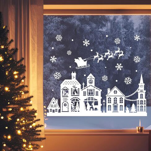 Mfault Christmas White House Window Clings, Xmas Santa Claus Reindeer Snowflake Stickers Decals Decorations, Snowy Winter Holiday Sleigh Home Kitchen Decor in Saudi Arabia
