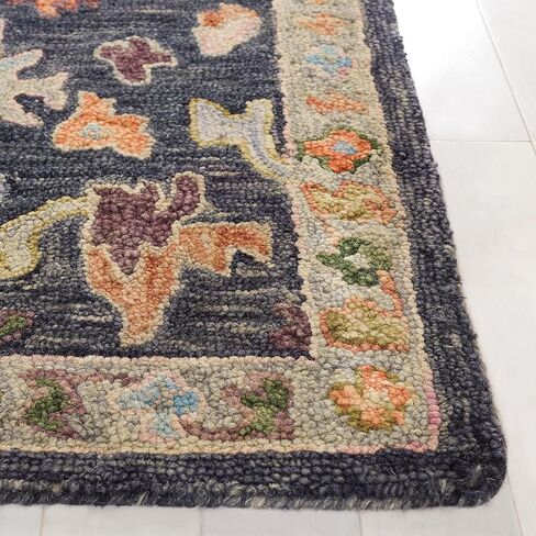 سجادة SAFAVIEH Blossom Collection - 2'3" x 8'، رمادي داكن ومريمية، تصميم زهور، صوف مصنوع يدويًا، مثالية لغرفة المعيشة وغرفة النوم وغرفة الطعام (BLM465H-28) in Kuwait