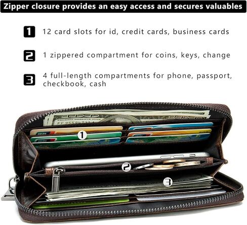 Men's Genuine Leather Long Zip Around Wallet RFID Blocking Checkbook & Credit Card Holder Personalized Design (Coffee) in Saudi Arabia