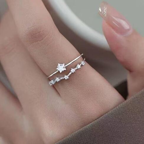 Adjustable Double Star Ring with Zirconia, Dainty Five-Point Open Band Stackable Jewelry for Women, Minimalist Gift in Saudi Arabia