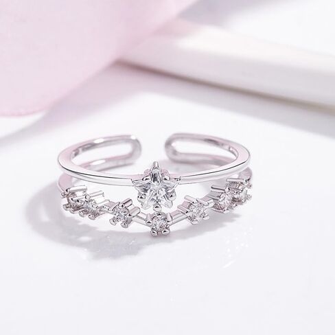 Adjustable Double Star Ring with Zirconia, Dainty Five-Point Open Band Stackable Jewelry for Women, Minimalist Gift in Saudi Arabia