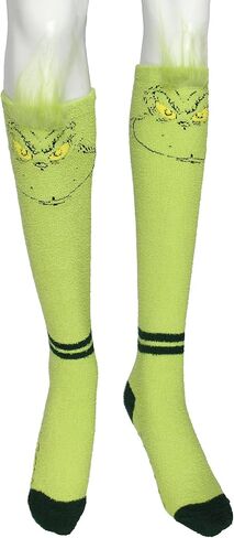 جورب شبشب نسائي من Bioworld Dr Seuss The Grinch مصنوع من القطيفة لعيد الميلاد المجيد وجه عالي للركبة in Kuwait