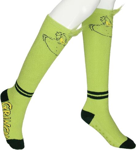 جورب شبشب نسائي من Bioworld Dr Seuss The Grinch مصنوع من القطيفة لعيد الميلاد المجيد وجه عالي للركبة in Kuwait