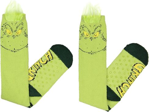 جورب شبشب نسائي من Bioworld Dr Seuss The Grinch مصنوع من القطيفة لعيد الميلاد المجيد وجه عالي للركبة in Kuwait