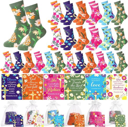 24 Sets Christian Floral Socks Christmas Religious Gift Novelty Floral Crew Socks Bulk with Religious Bible Card for Women in Saudi Arabia