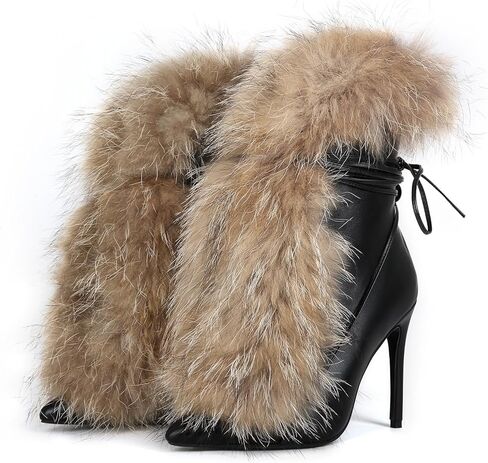 Furry Pointed Stiletto Heels with Straps Large Size Ankle Boots Heavy-Duty Soft Faux Fur Shoes Clubwear for Party Evening Footwear Unisex in Saudi Arabia