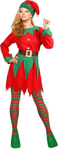 Women Christmas Elf Costume Suit Long Sleeve fancy Dress with Belt Hat Shoes Cosplay Party Outfits in Saudi Arabia