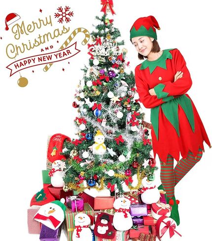 Women Christmas Elf Costume Suit Long Sleeve fancy Dress with Belt Hat Shoes Cosplay Party Outfits in Saudi Arabia