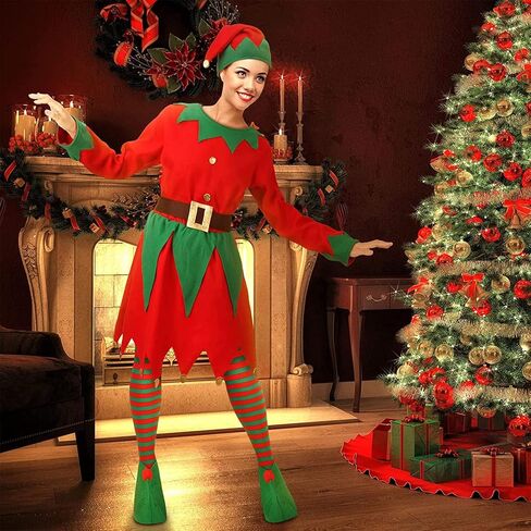 Women Christmas Elf Costume Suit Long Sleeve fancy Dress with Belt Hat Shoes Cosplay Party Outfits in Saudi Arabia