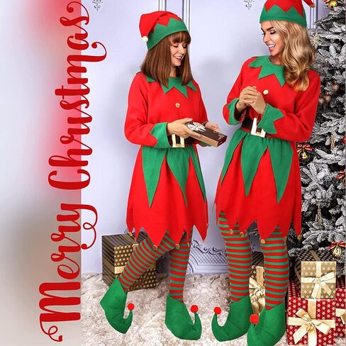 Women Christmas Elf Costume Suit Long Sleeve fancy Dress with Belt Hat Shoes Cosplay Party Outfits in Saudi Arabia