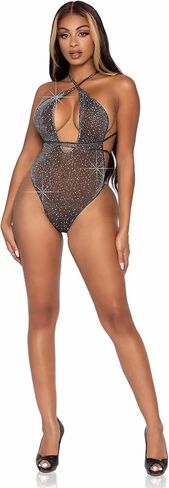 Leg Avenue womens Shimmer Sheer Lurex Rhinestone Teddy With Thong Back and Convertible Wrap-Around Straps in Kuwait
