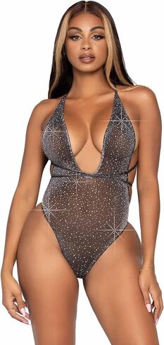 Leg Avenue womens Shimmer Sheer Lurex Rhinestone Teddy With Thong Back and Convertible Wrap-Around Straps in Kuwait