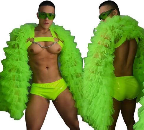 Bar Nightclub DS DJ Gogo Dancer Costume Men Fluorescent Green Fluffy Sleeves Coat Shorts Stage Sexy Pole Dance Outfit in Saudi Arabia