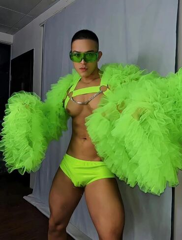 Bar Nightclub DS DJ Gogo Dancer Costume Men Fluorescent Green Fluffy Sleeves Coat Shorts Stage Sexy Pole Dance Outfit in Saudi Arabia