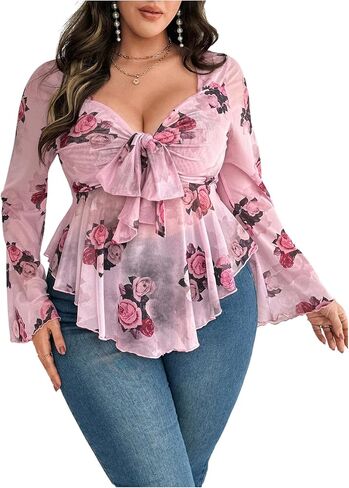 Floerns Women's Plus Size Floral Long Sleeve Tie Front Hanky Hem Mesh Blouse Tops in Saudi Arabia