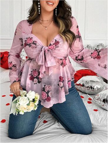 Floerns Women's Plus Size Floral Long Sleeve Tie Front Hanky Hem Mesh Blouse Tops in Saudi Arabia