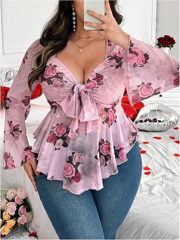 Floerns Women's Plus Size Floral Long Sleeve Tie Front Hanky Hem Mesh Blouse Tops in Saudi Arabia