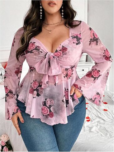Floerns Women's Plus Size Floral Long Sleeve Tie Front Hanky Hem Mesh Blouse Tops in Saudi Arabia