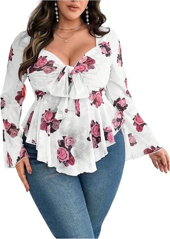 Floerns Women's Plus Size Floral Long Sleeve Tie Front Hanky Hem Mesh Blouse Tops in Saudi Arabia