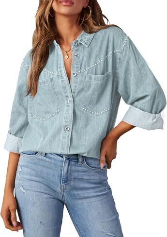 Dokotoo Denim Shirt Women Long Sleeve Button Down V Neck Casual Chambray Jean Western Shirts Rhinestone Denim Top in Saudi Arabia